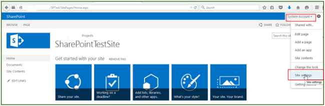 Home page with Site Settings
